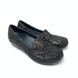 Dansko Womens Size 38 US 8 Olivia Bronze Snakeskin Black Wedge Loafers